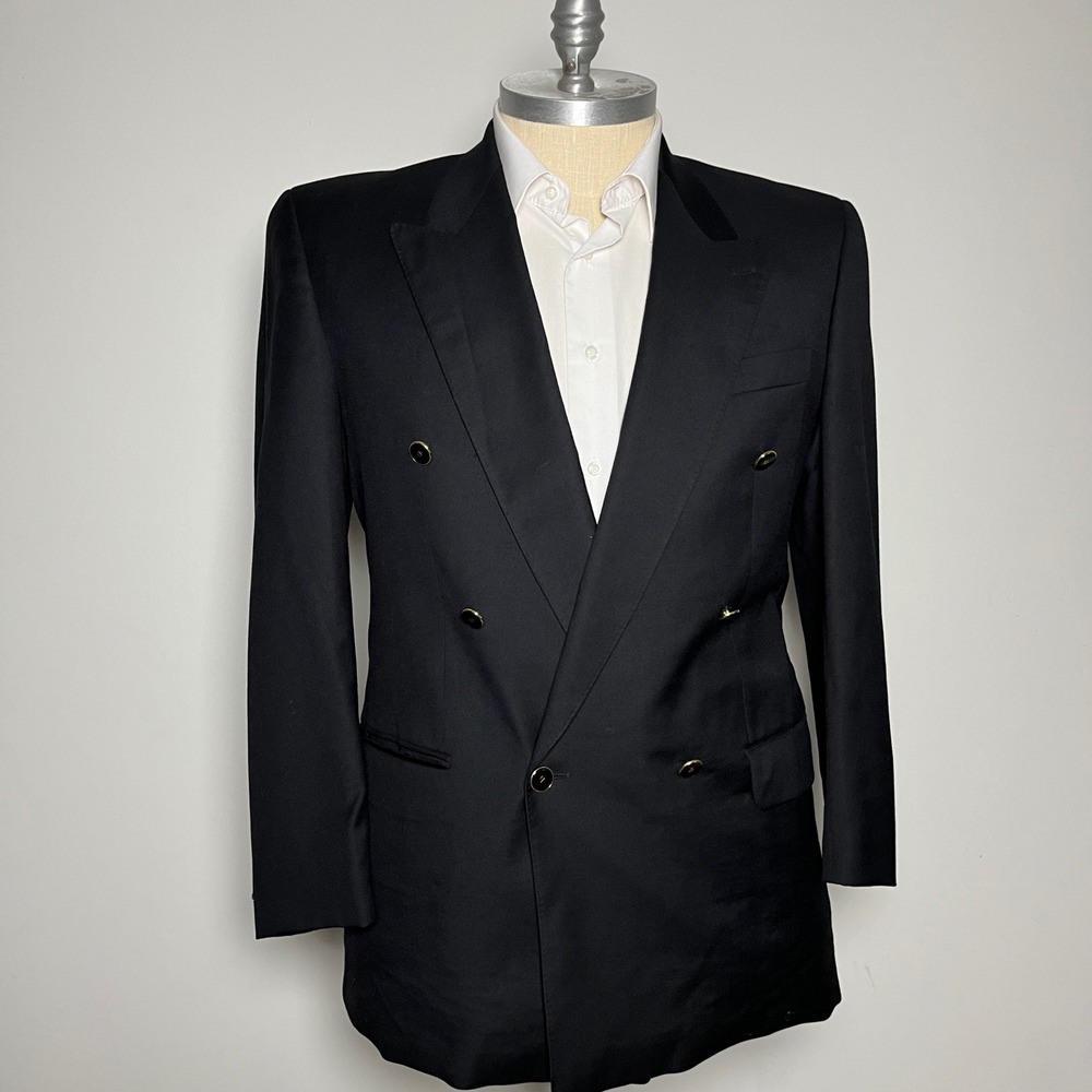 Baumler Blazer Mens 42L Black Solid Double Breasted Peak Lapel Wool Vintage